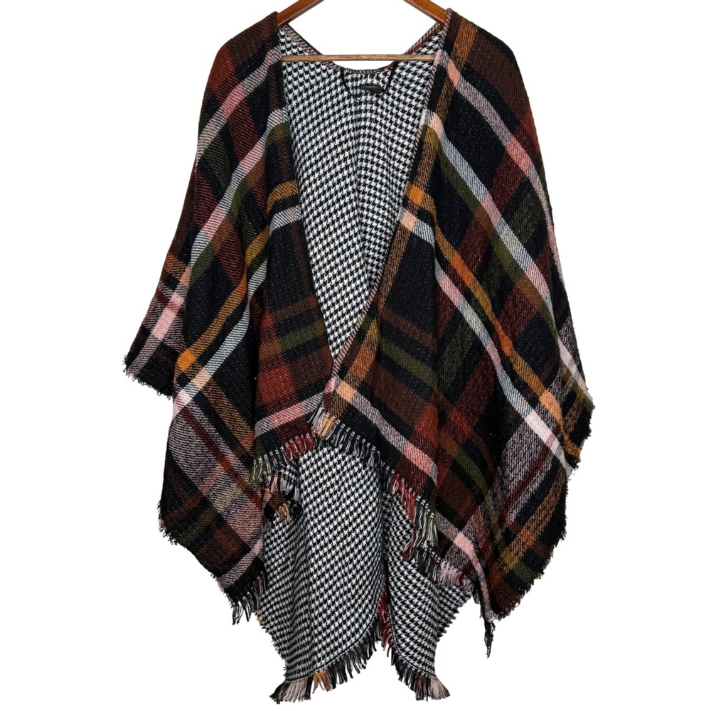 Steve Madden Reversible Plaid Houndstooth Poncho Cape Shawl OSFM Women - Picture 2 of 6